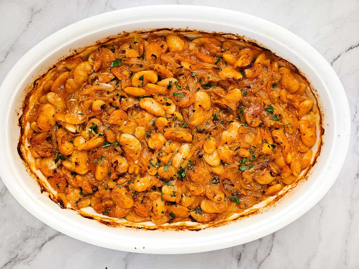 gigantes plaki-greek butter beans-baked in casserole dish