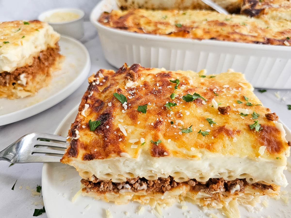 Greek pasta bake-pastitsio on white plate