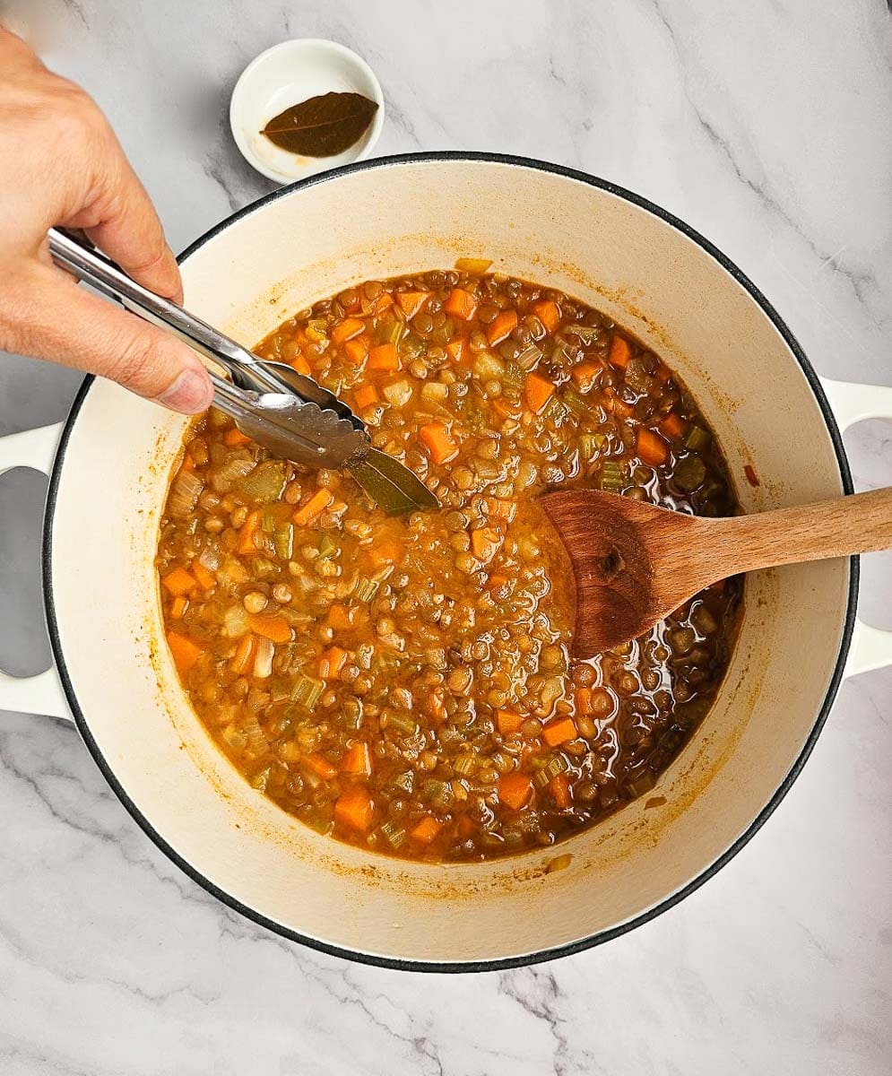 Greek lentil soup-fakes-in pot-remove bay leaves.