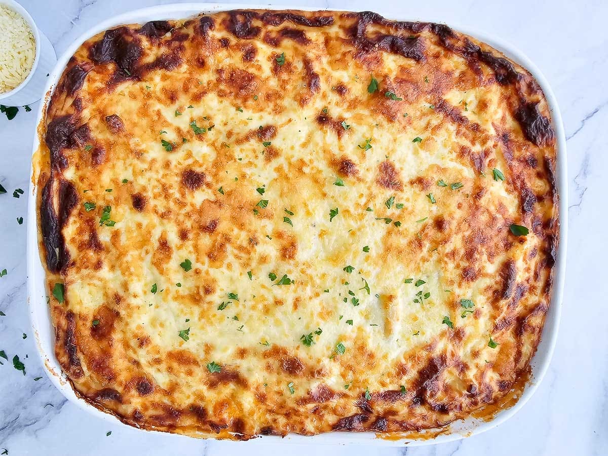 Greek pasta bake-pastitsio, in baking dish.