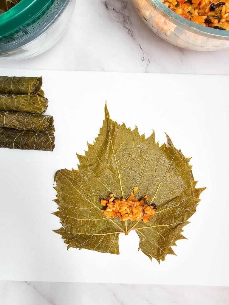 steps to fill and roll vine leaves.