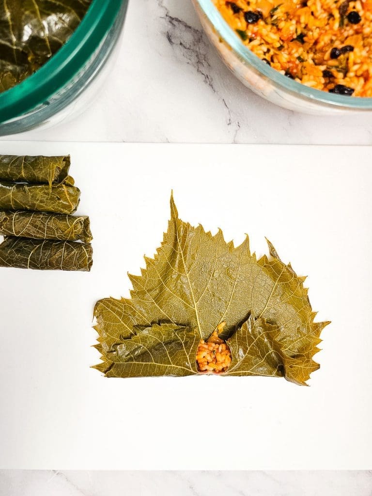 steps to fill and roll vine leaves.