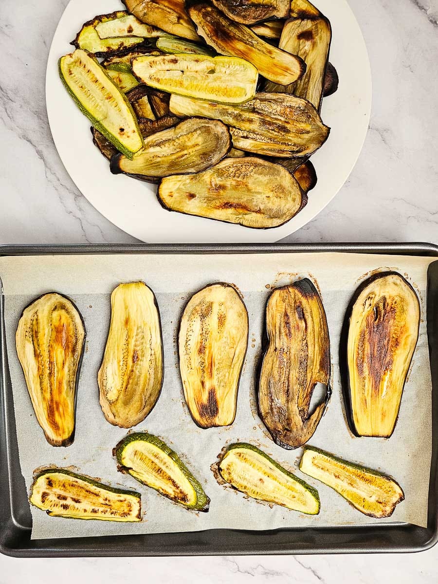 baking eggplants and zucchini for moussaka