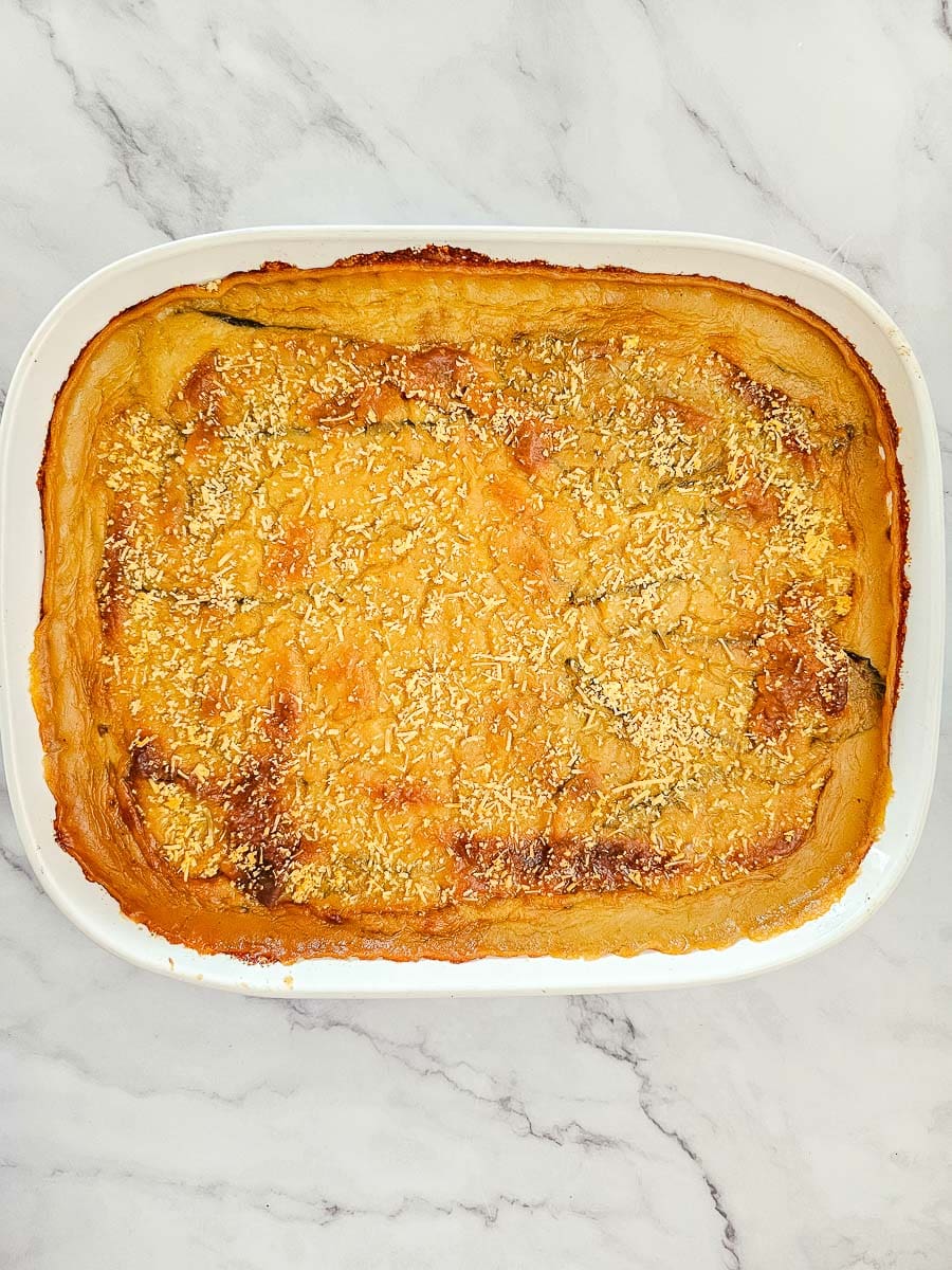 baked vegan moussaka in a baking dish