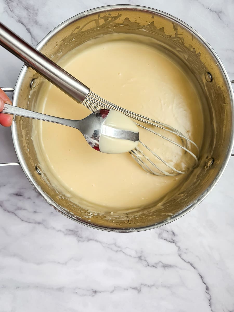 dairy free bechamel in a pot, spoon test