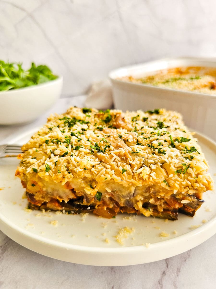 Vegan Moussaka on a plate ready to serve