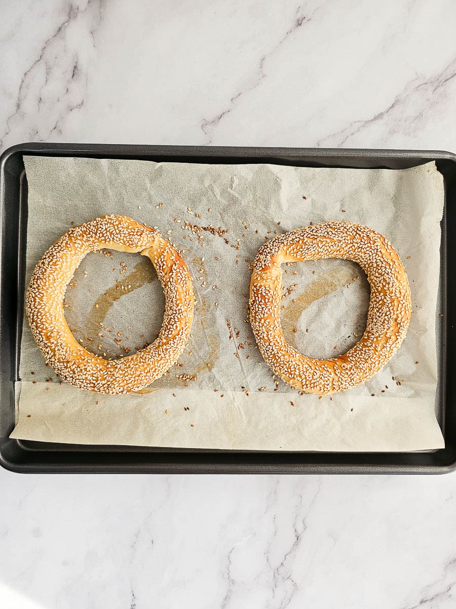 Greek Sesame Bread Rings - Koulouri Thessaloniki on a baking tray