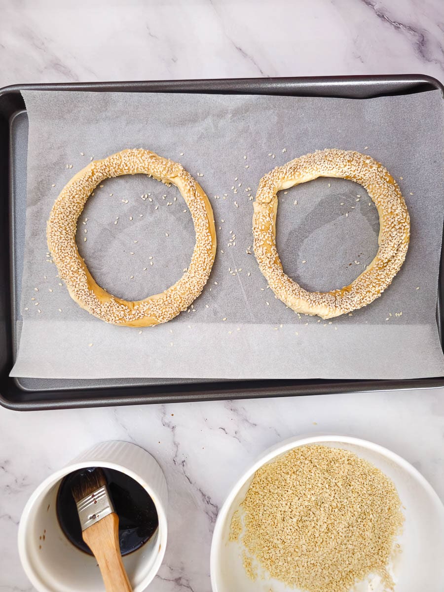 Greek Sesame Bread Rings - Koulouri Thessaloniki - on a baking tray before baking