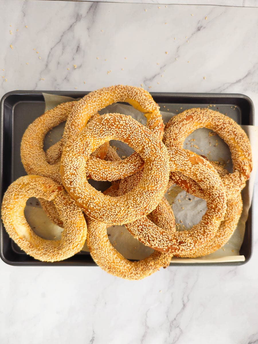 Greek Sesame Bread Rings - Koulouri Thessaloniki on a baking tray