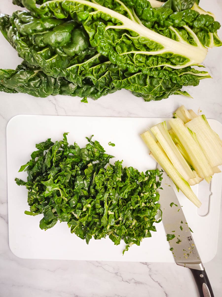 chooping silverbeet on chopping board