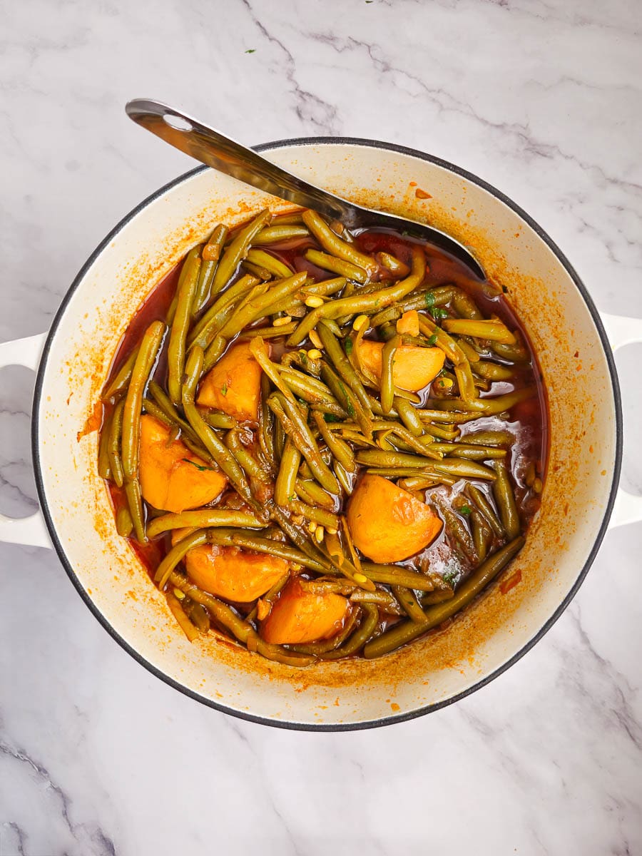 Fasolakia -Green Beans with potatoes in a pot