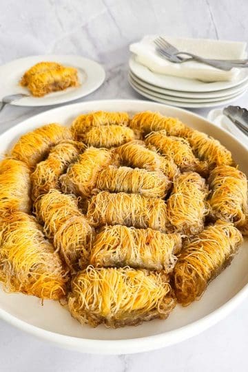 Kataifi-Greek-String-Pastry-nut-rolls-on-plate