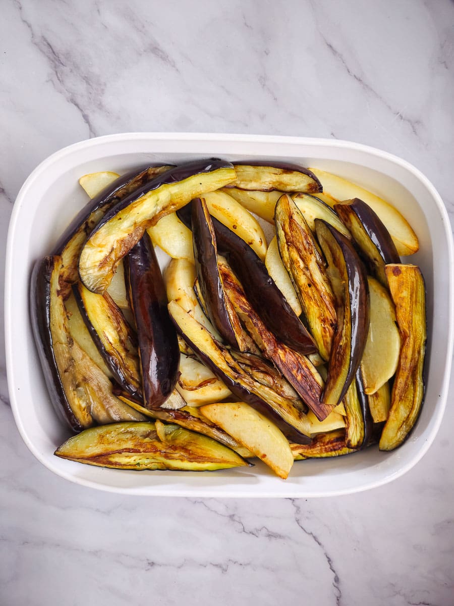 eggplant and potatoes in baking dish