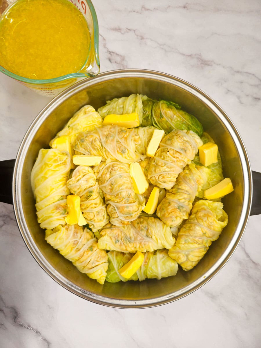 Lahanodolmades-Greek Stuffed Cabbage Rolls in pot