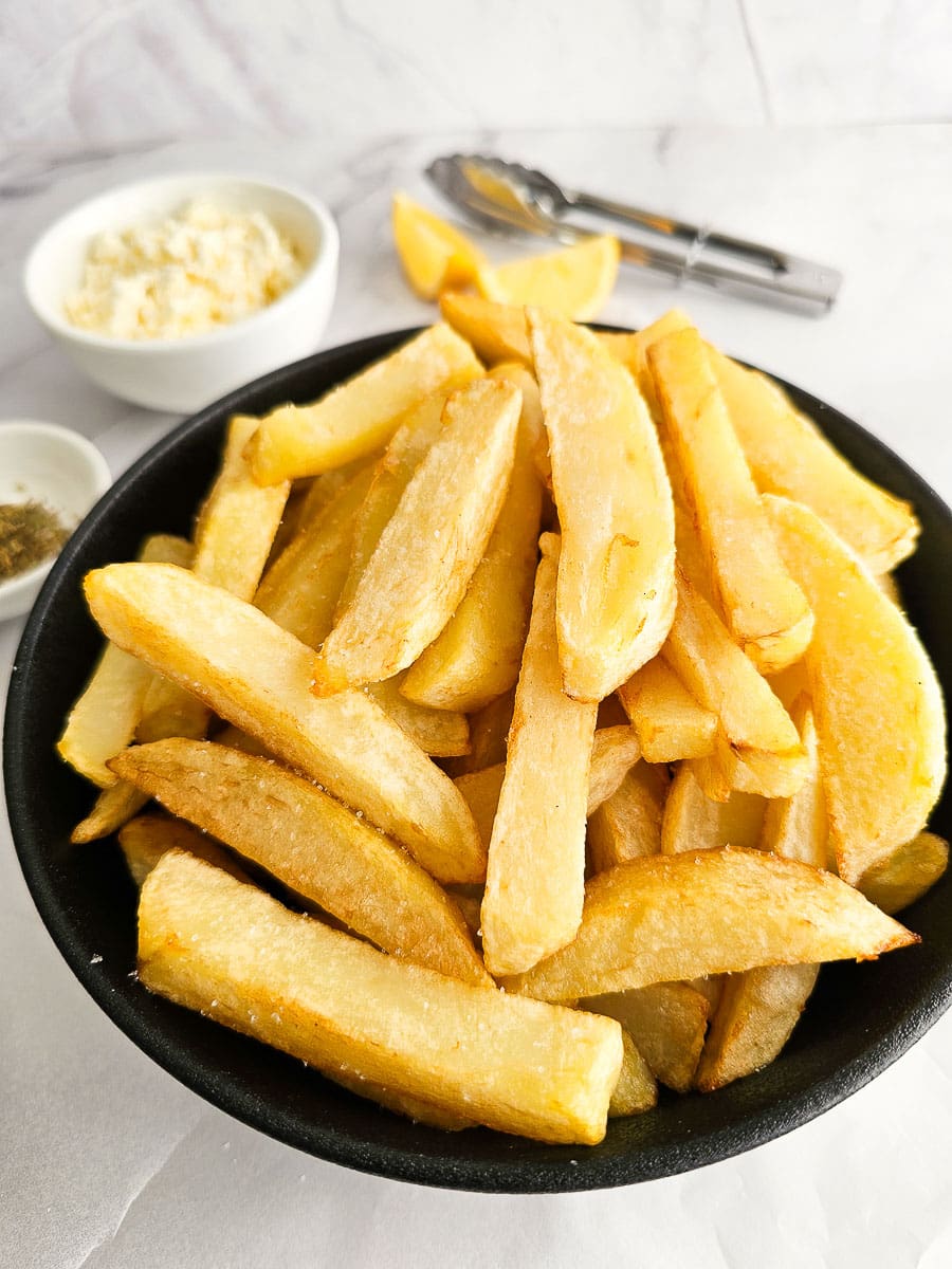 Greek Olive Oil Fries - Patates Tiganites in a bowl