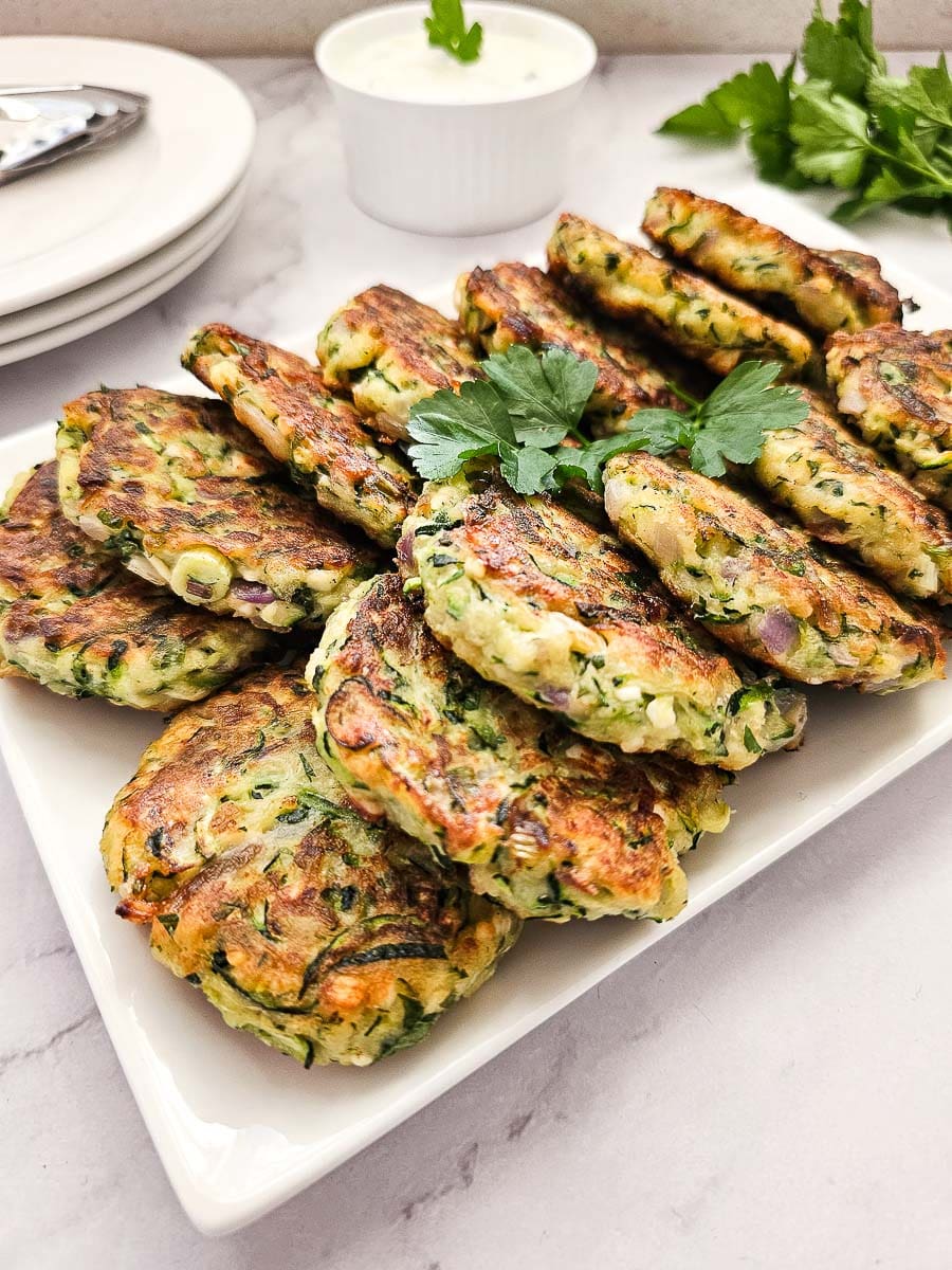 Greek Zucchini Fritters - Kolokithokeftedes on a plate