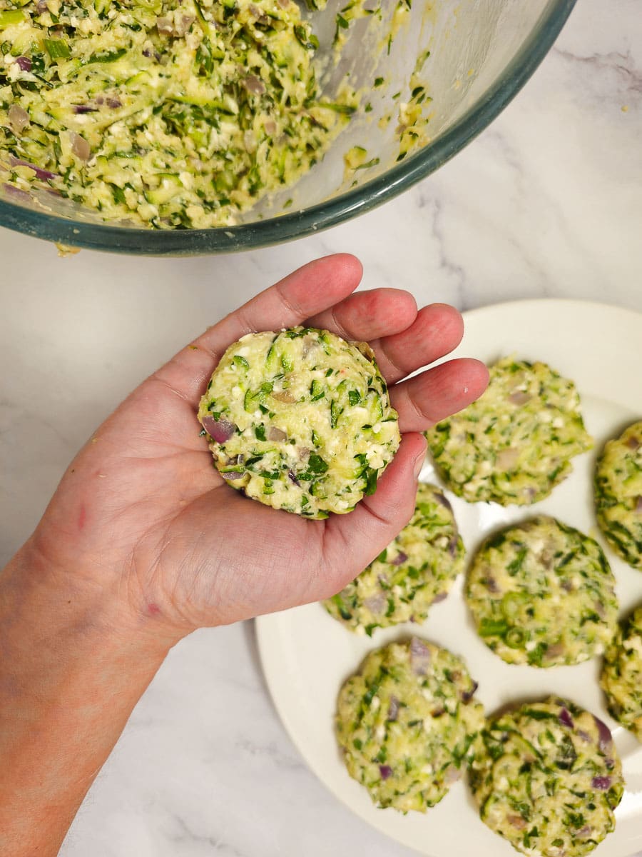 shaping Greek zucchini fritters - kolokithokeftedes 