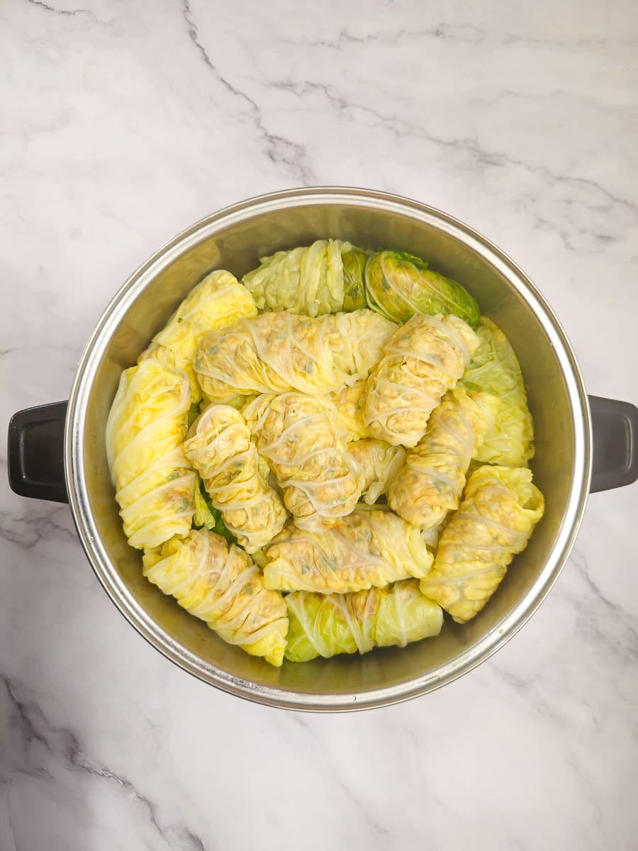 Lahanodolmades-Greek Stuffed Cabbage Rolls in pot