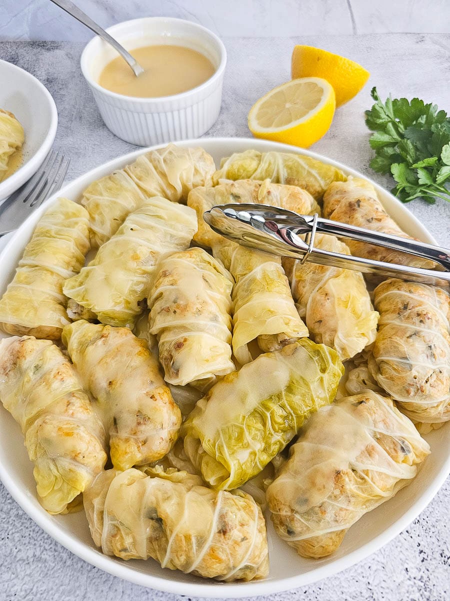 Lahanodolmades-Greek Stuffed Cabbage Rolls on plate