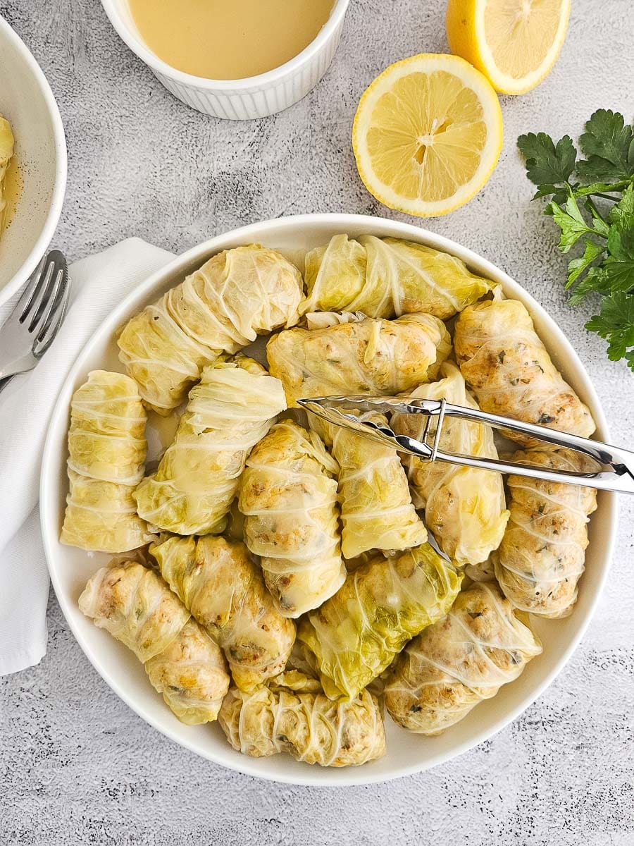 Lahanodolmades-Greek Stuffed Cabbage Rolls on plate