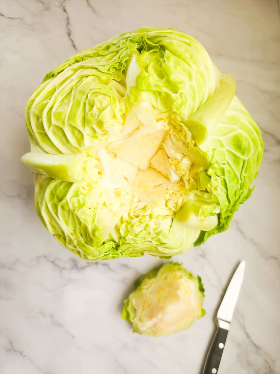 Lahanodolmades-Greek Stuffed Cabbage Rolls prepring cabbage