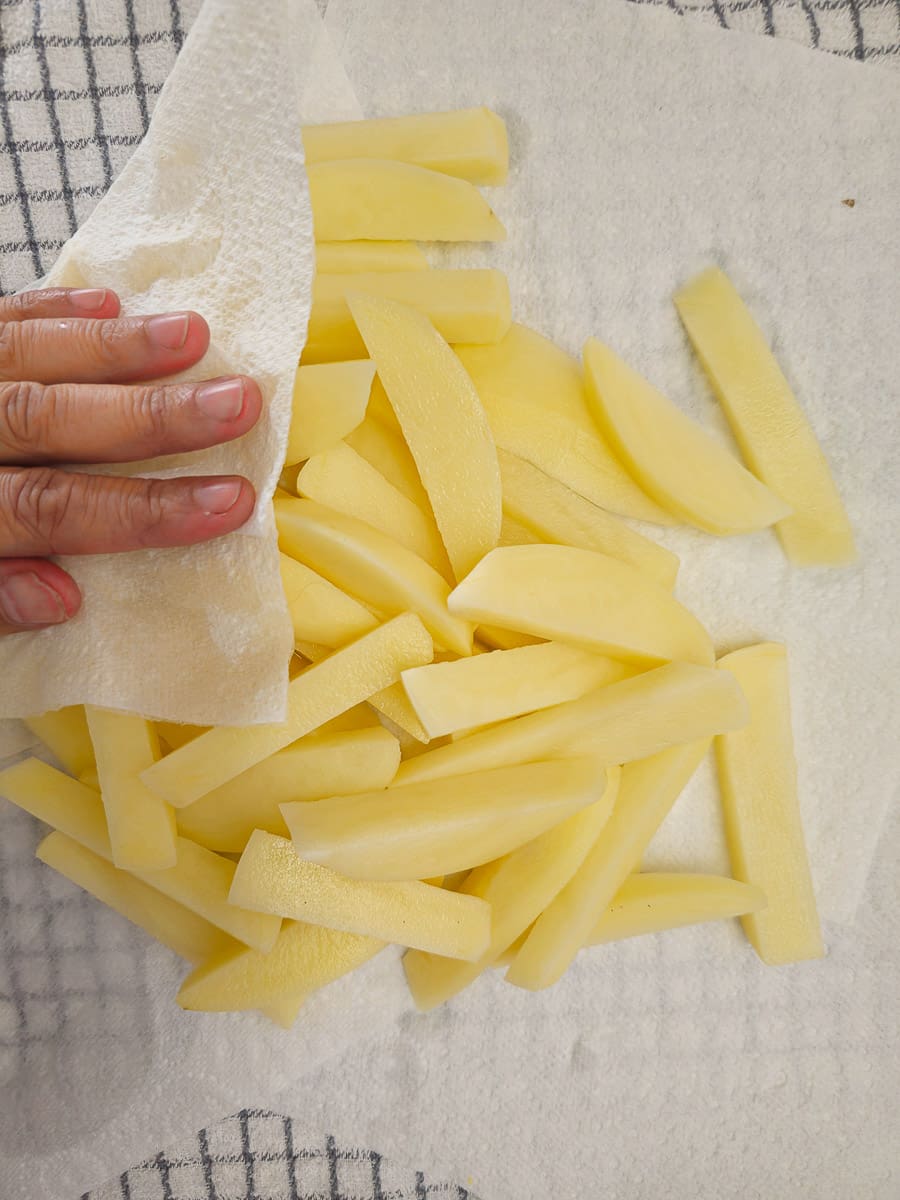 Greek Olive Oil Fries - Patates Tiganites, with paper towel