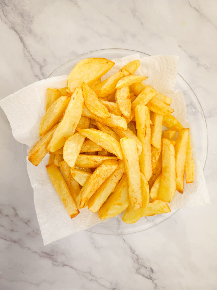 Greek Olive Oil Fries - Patates Tiganites, on paper towel