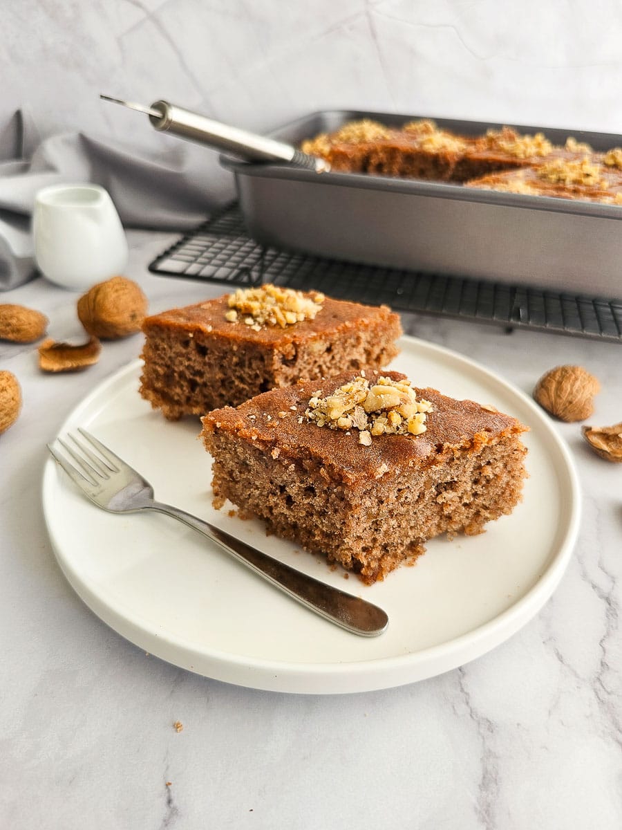 Karidopita - Greek Walnut Cake in baking tray