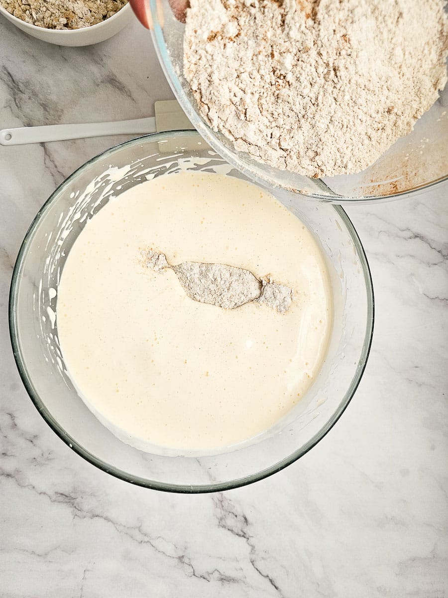 Mixing ingredients for Karidopita - Greek Walnut Cake