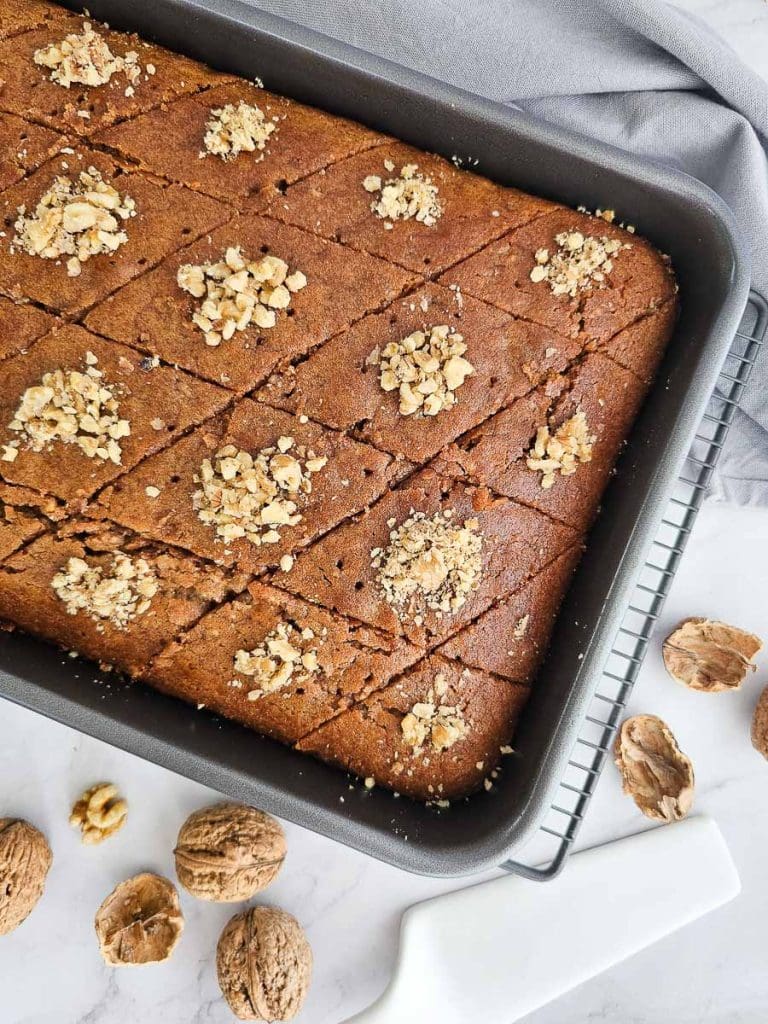 Karidopita - Greek Walnut Cake in baking tray