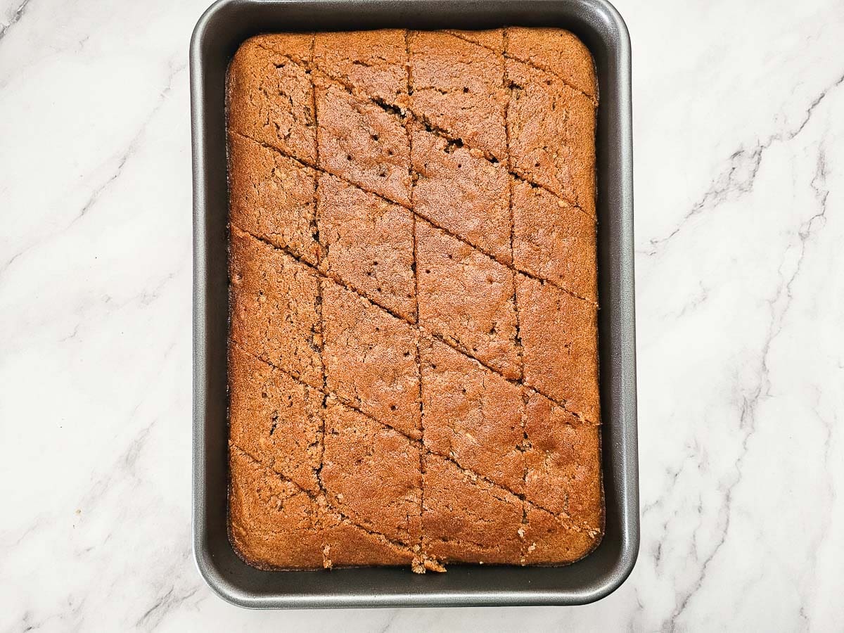 Karidopita - Greek Walnut Cake in baking tray