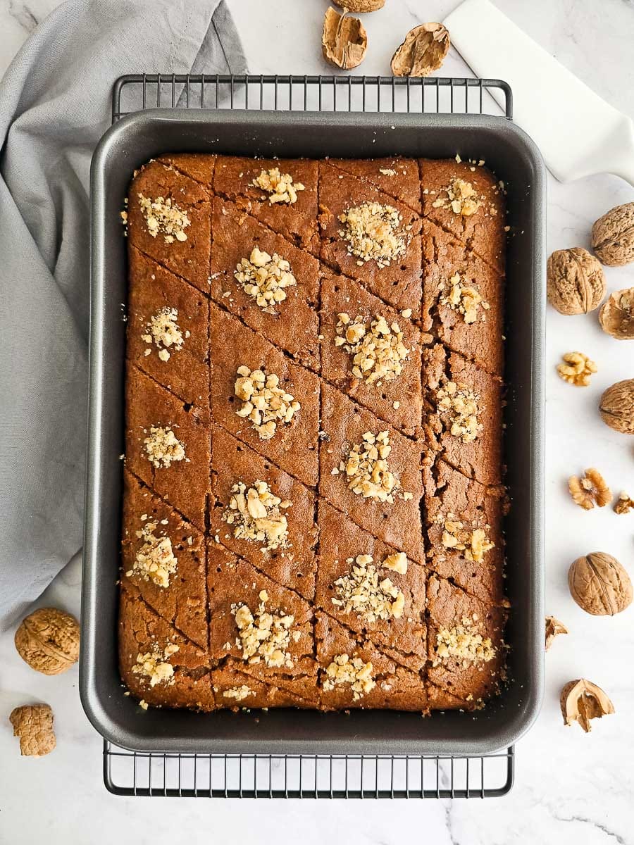 Karidopita - Greek Walnut Cake in baking tray