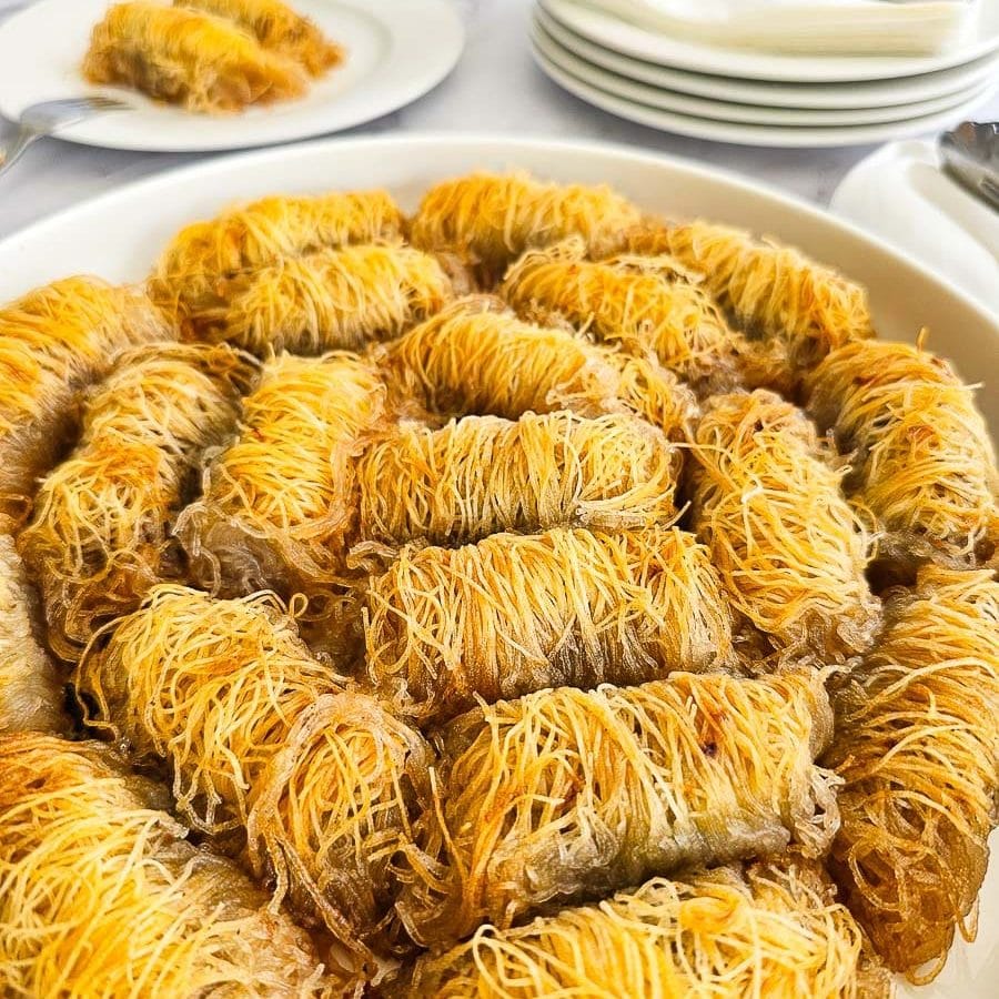Kataifi-Greek-String-Pastry-nut-rolls-on-plate