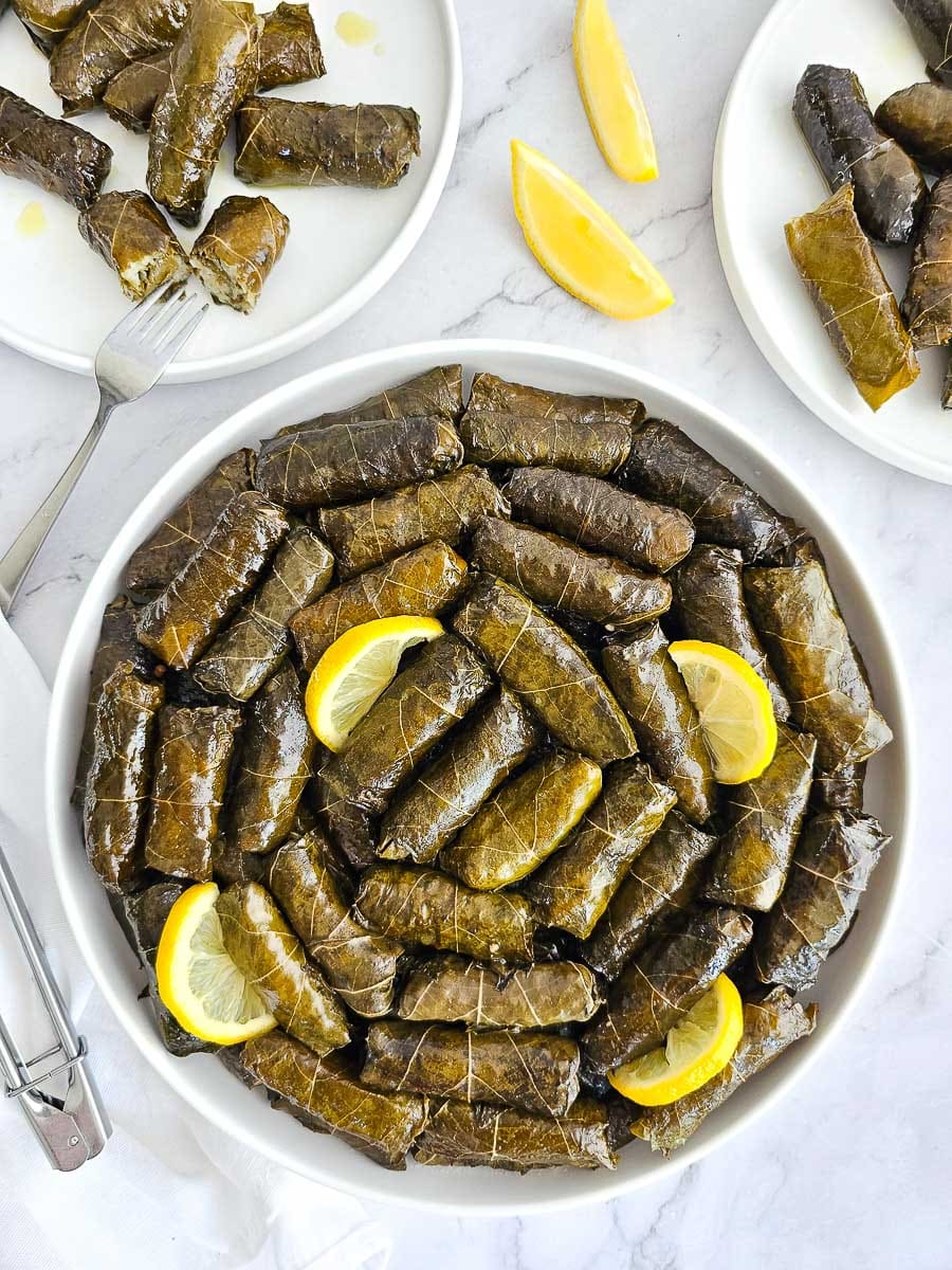 Stuffed vine leaves (Dolmades Yialantzi) on a plate