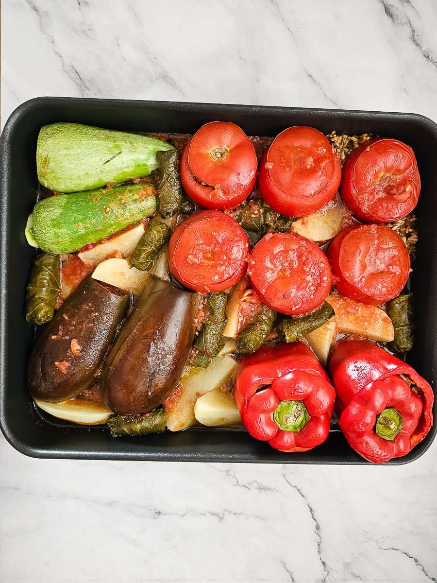 Yemista - Greek Stuffed Tomatoes with Rice in a baking dish before baking
