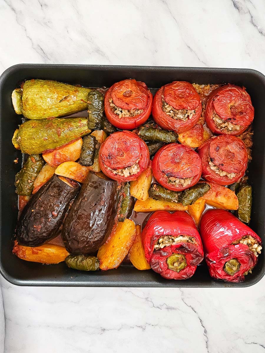 Yemista - Greek Stuffed Tomatoes with Rice in a baking dish