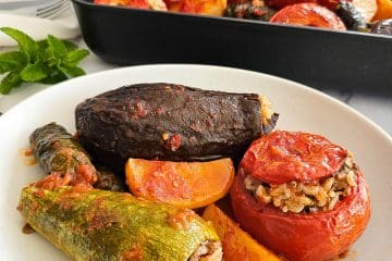 Yemista - Greek Stuffed Tomatoes with Rice on a plate
