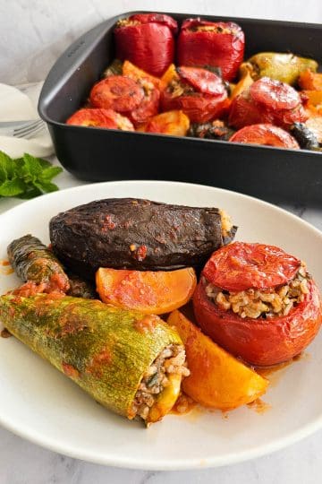 Yemista - Greek Stuffed Tomatoes with Rice on a plate