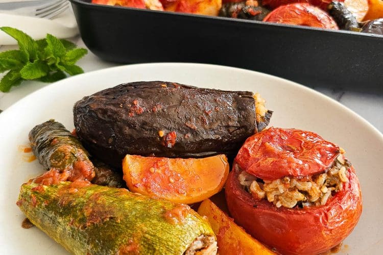 Yemista - Greek Stuffed Tomatoes with Rice on a plate