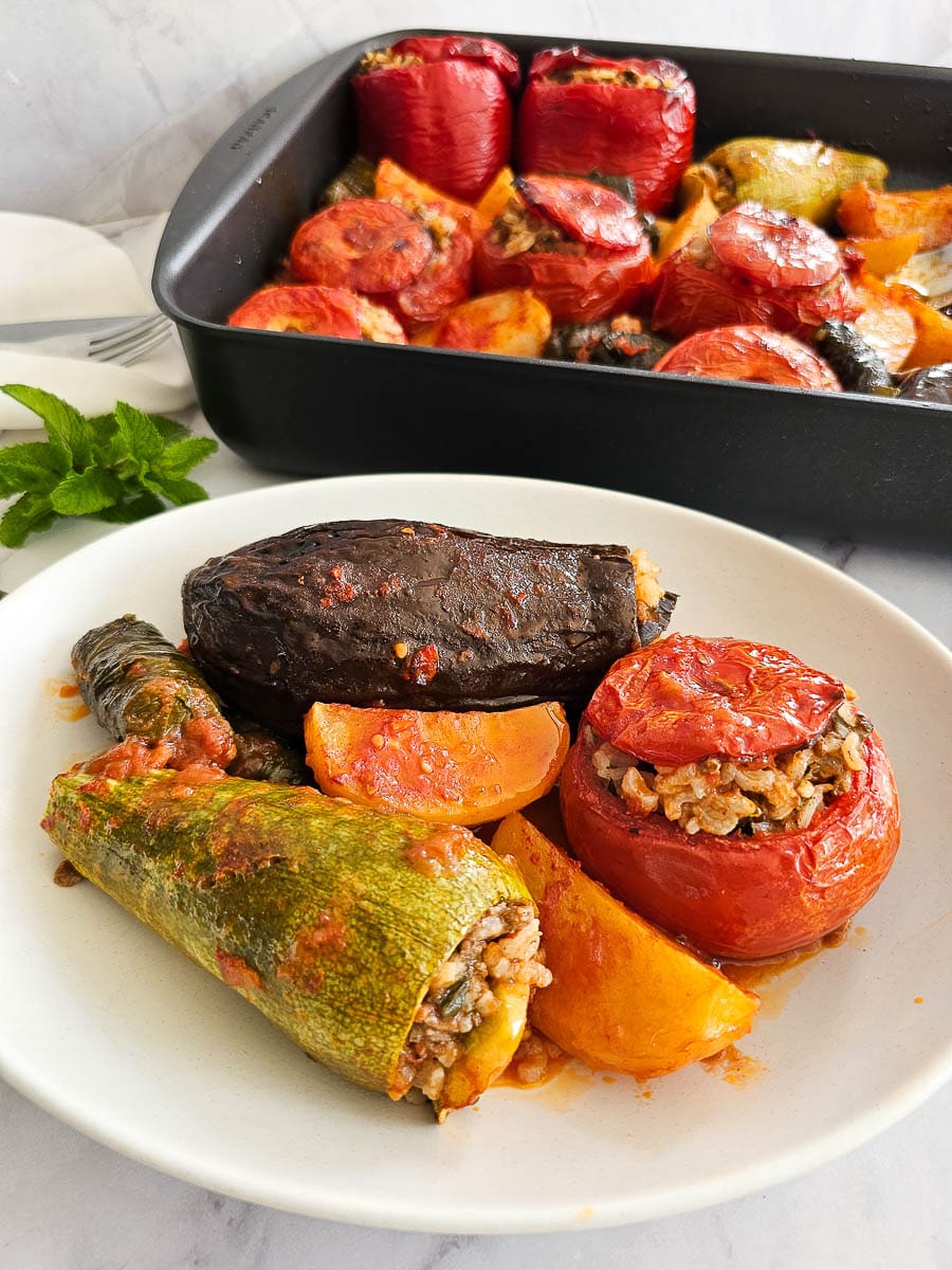Yemista - Greek Stuffed Tomatoes with Rice on a plate