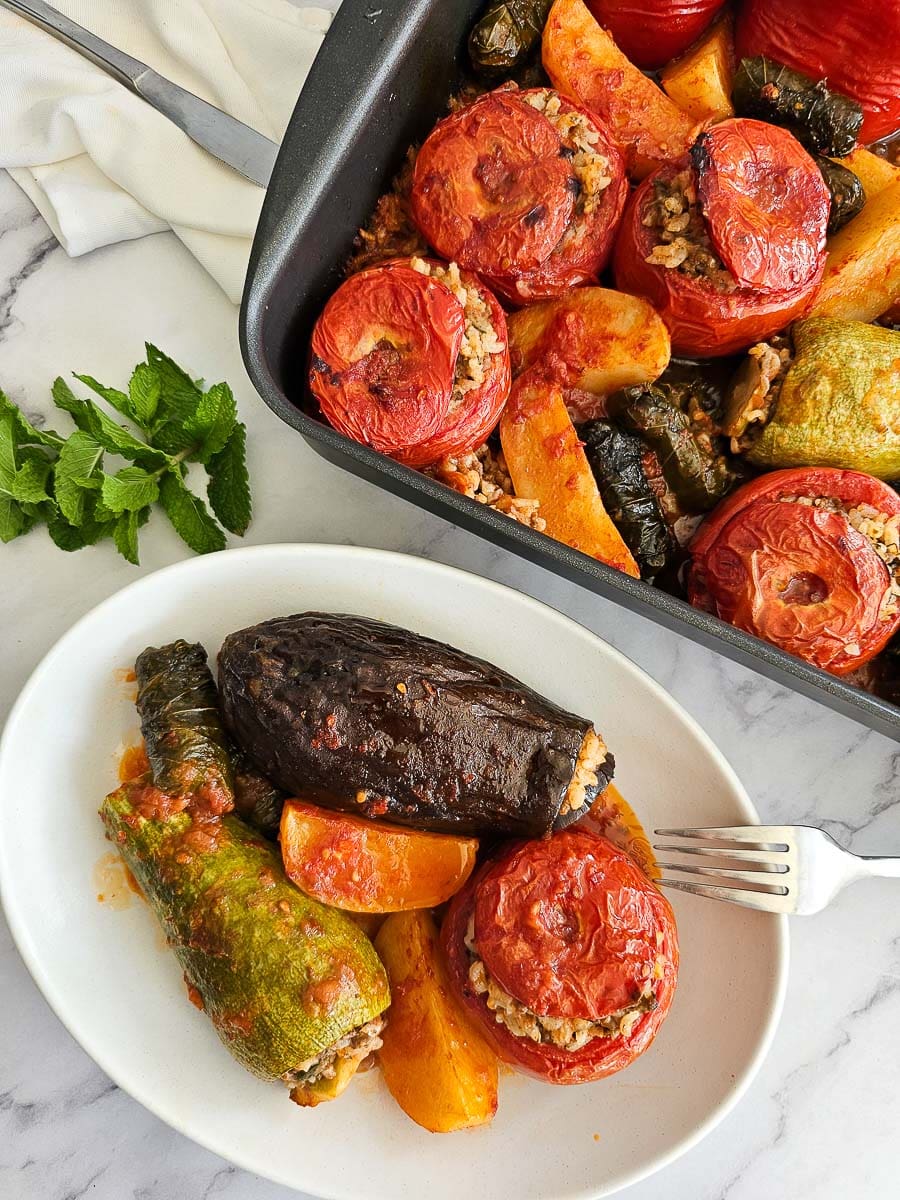 Yemista - Greek Stuffed Tomatoes with Rice on a plate