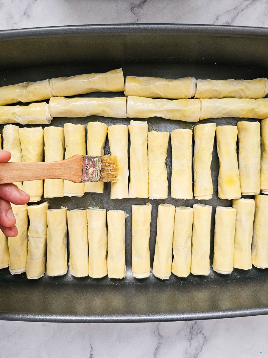 Baklava Rolls - Saragli in baking dish before baking