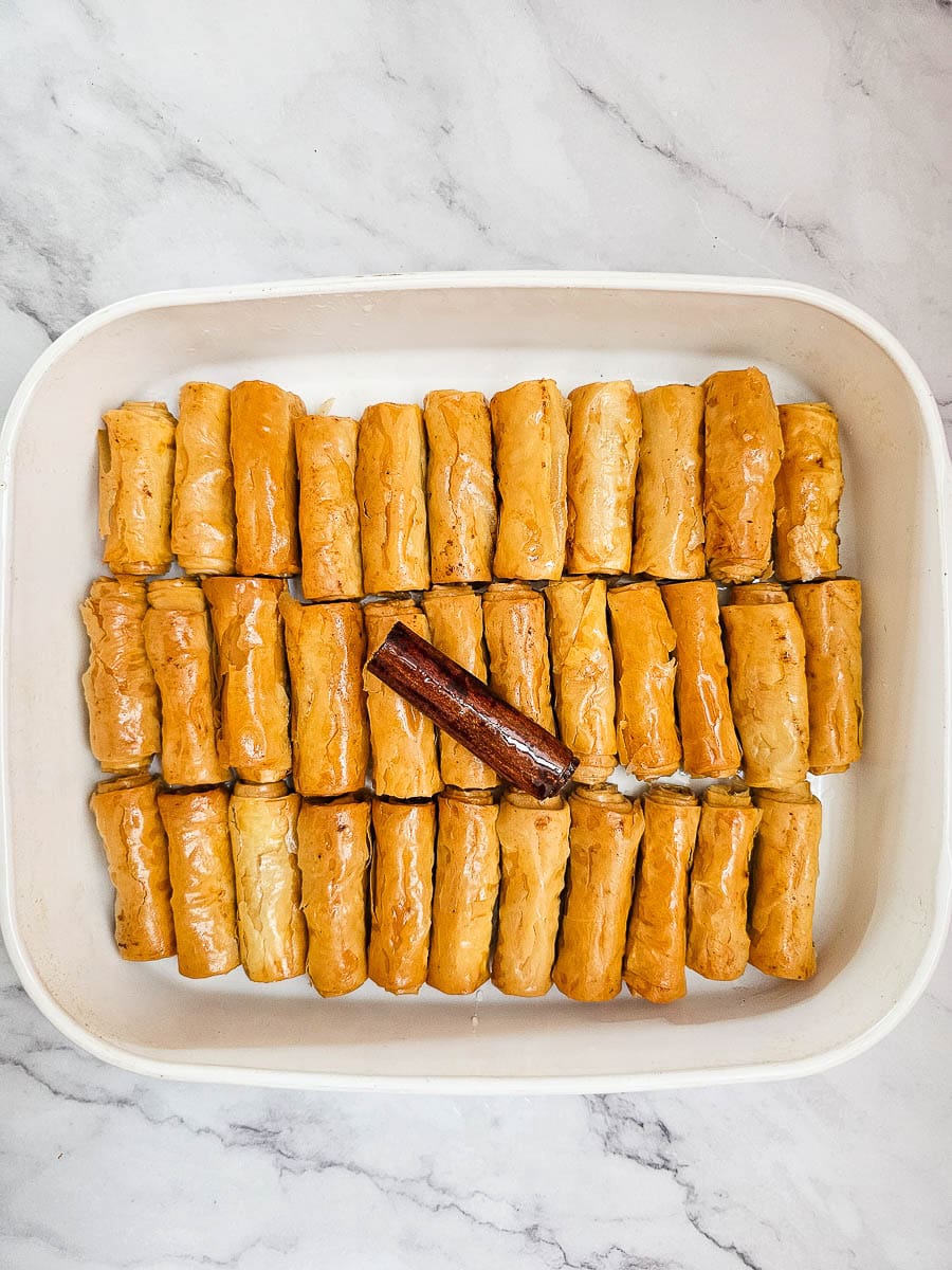 Baklava Rolls - Saragli in baking dish