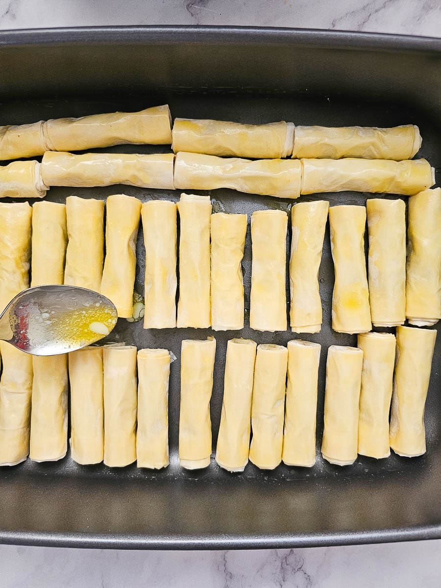 Baklava Rolls - Saragli in baking dish before baking