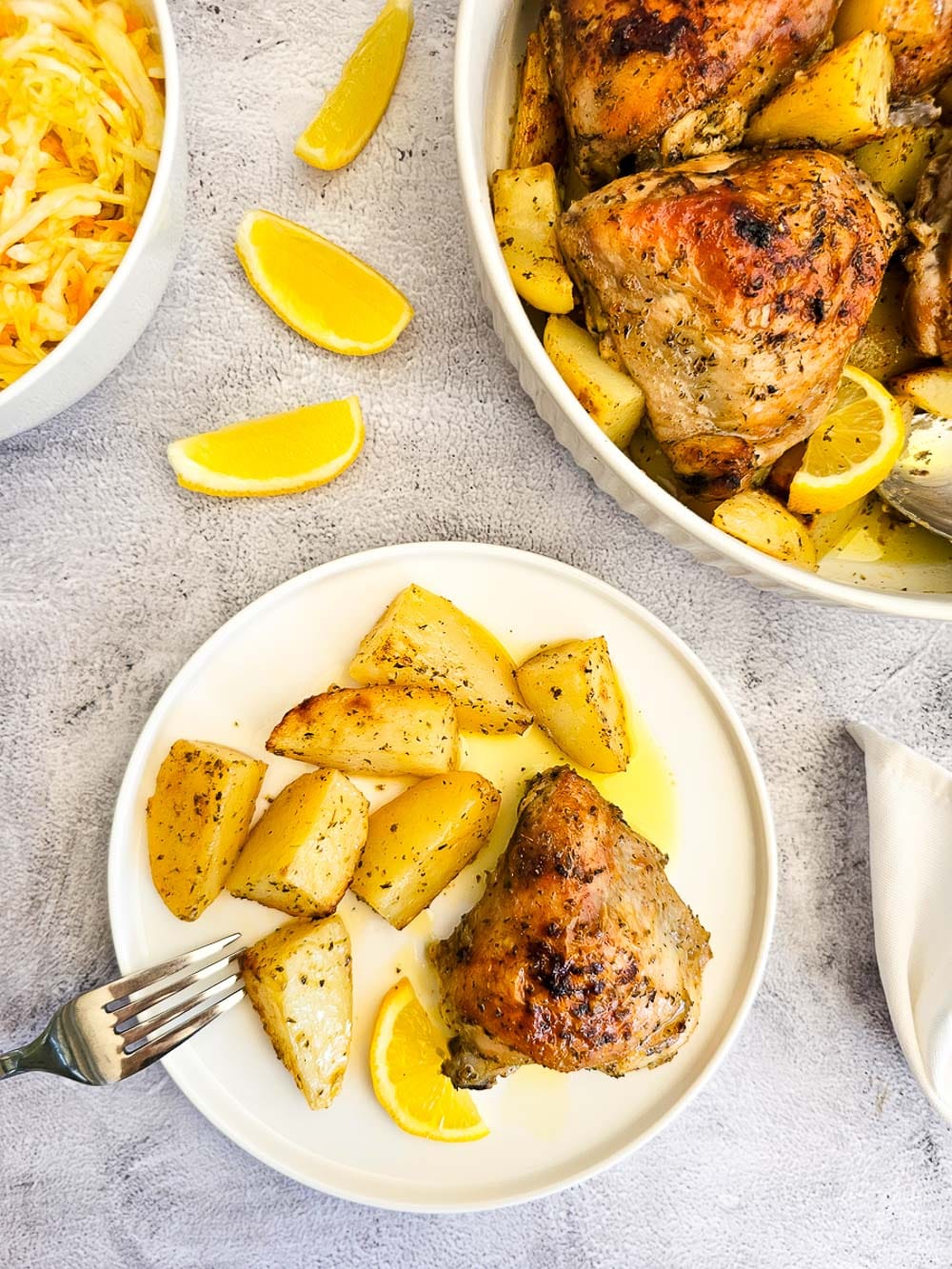 Greek Lemon Roasted Chicken and Potatoes plated