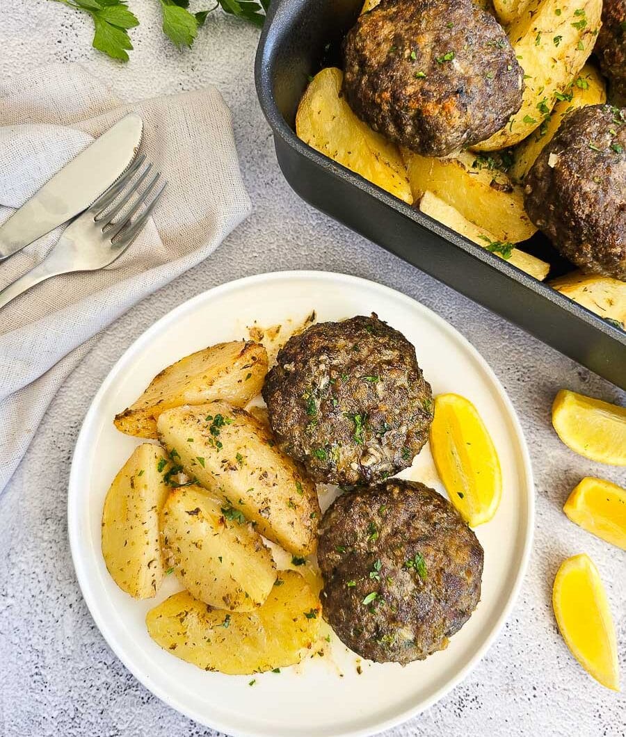 Biftekia (Beef Patties) with Lemon Potatoes