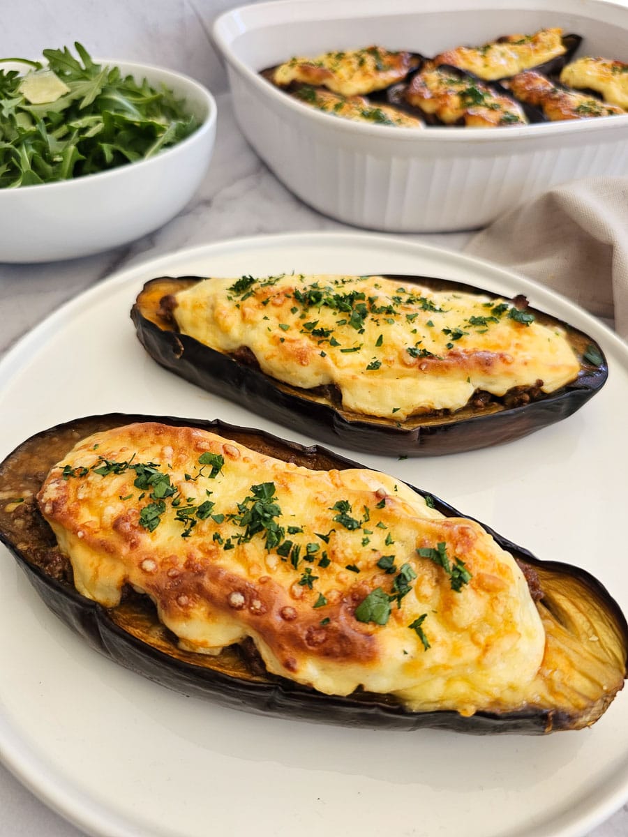 papoutsakia greek stuffed eggplant on a plate