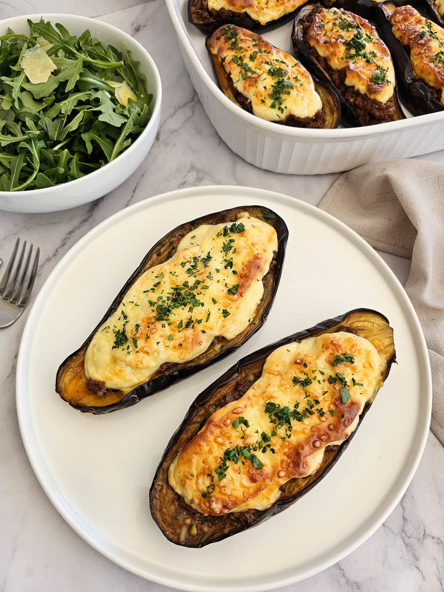papoutsakia greek stuffed eggplant on a plate