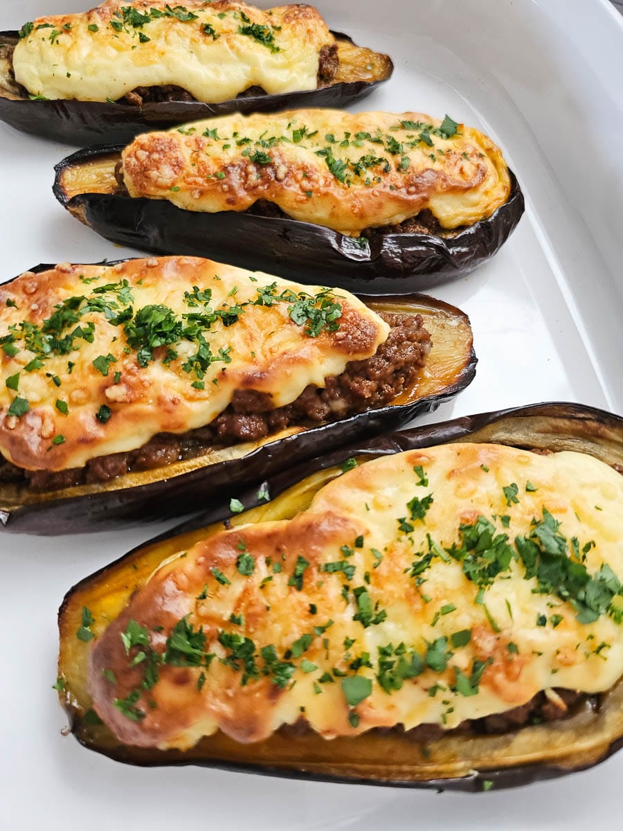 papoutsakia greek stuffed eggplant on a plate
