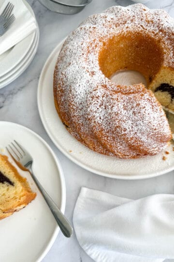 yoghurt marble bundt cake on a plate